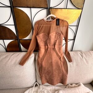 Mesh Panels Faux Suede Dress Sz S - Brown / Tan